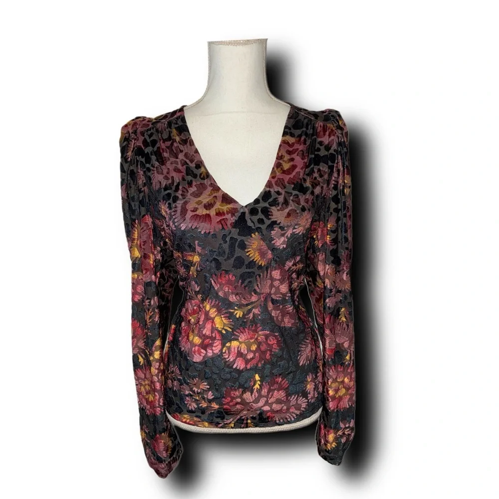 Ted Baker London Ettya Plunge Neck Puff Sleeve Burnout Velvet Top Maximalist